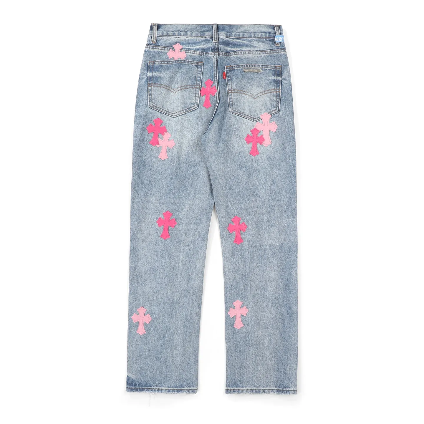 P260 Chrome Hearts 25FW CH Blue Pants Pink Leather Cross Bamboo Jeans. It adopts patchwork elements, mostly in the shape of a cross, and has glitter on the leather surface. Unique design, simple and elegant details, exquisite workmanship, the entire trousers are neatly routed, and the details are in place! It’s also so cool that both men and women can easily control it. It’s a gender-neutral trendy up version. Color: blue pants and pink leather Size: 28 30 32 34 36
